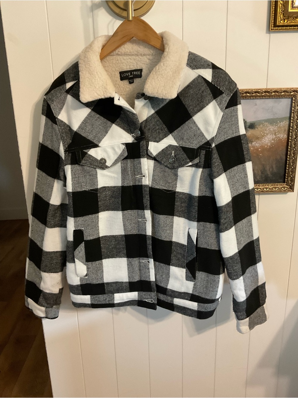 Love Tree Black & White Buffalo Plaid Sherpa Collar Jacket